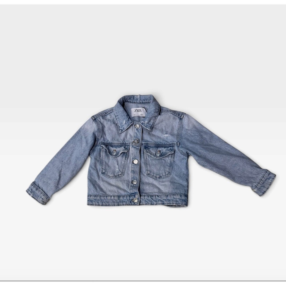 Zara Kids Girls Denim Jacket Size 7 122 Light Wash Distressed Jean Trucker